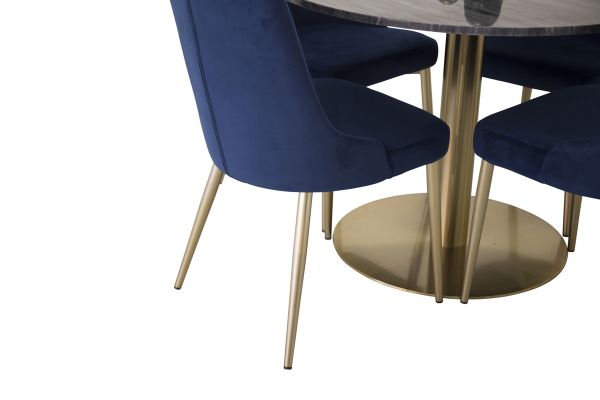 Imagine Va rugam sa traducem complet Estelle Dining Table rotund 106cm Gri Marmura / Alama- Scaun Velvet Deluxe - Albastru/Picioare Mat Brass 4