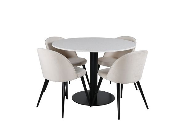 Imagine Masa de dining Razzia 106cm - Terazzo alb / Negru+Scaun de catifea Matstol - Negru / Cremă