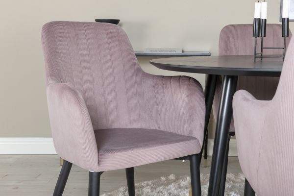 Imagine Vă rugăm să traduceți complet Dipp Dining Table - 115cm - Black Veneer / black legs w brass dipp + Comfort Dining Chair - Black Legs / Dusty Pink Corduroy _4