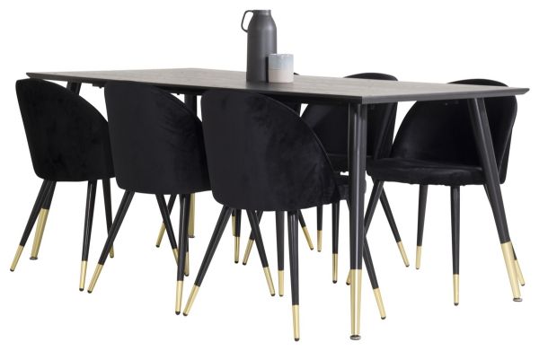 Imagine Masa de dining Dipp - 180*90cm - Furnir negru / picioare negre cu dipp din aramă - Scaun de dining din catifea aramie - Negru / Negru 6