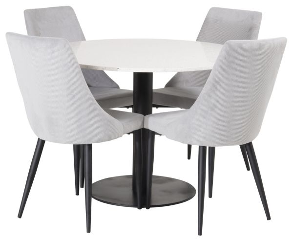 Imagine Masa de dining Razzia 106cm - Terazzo alb / Negru + Setul de 4 scaune de dining Leone - Picioare negre / Catifea gri deschis