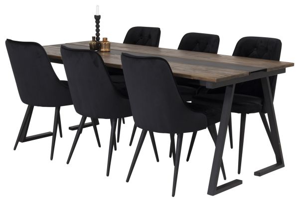 Imagine Masa de Dining Jakarta - Negru / Teak închis - 200*90*H75 - Scaun de dining Velvet Deluxe - Picioare negre / Catifea neagră 6