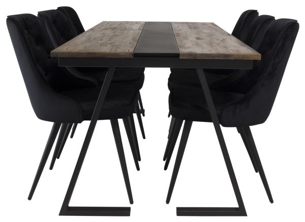 Imagine Masa de Dining Jakarta - Negru / Teak închis - 200*90*H75 - Scaun de dining Velvet Deluxe - Picioare negre / Catifea neagră 6