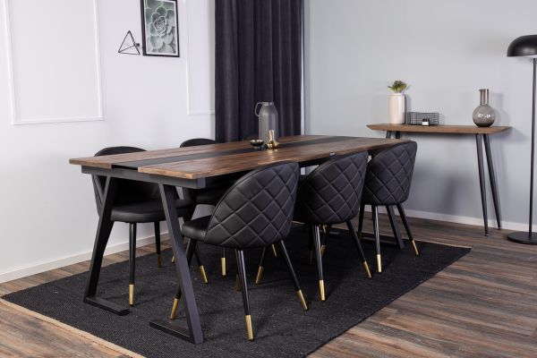 Imagine Vă rugăm să traduceți complet Jakarta Matbord - Svart / mörk Teak - 200*90*H75+Velvet dining chair brass w. st