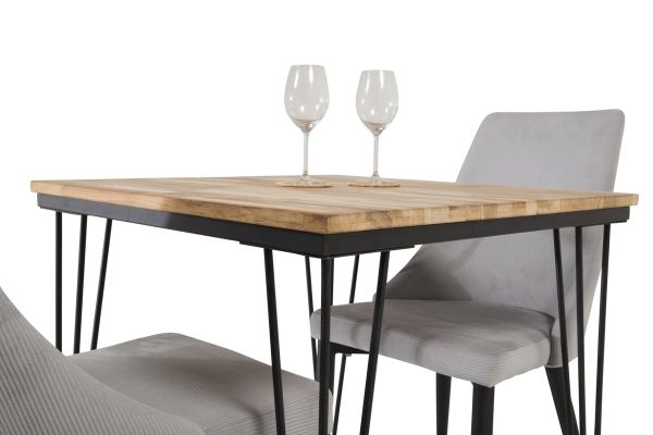 Imagine Masa de dining Bali - 80*80cm - Teak / Negru + Scaun dining Leone - Picioare negre / Stofa cordon gri deschis