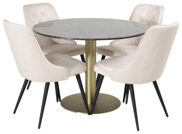 Imagine Masa de dining Estelle rotunda 106cm marmură gri / bronz - Scaun de dining Velvet Deluxe - picioare negre / velur bej 4