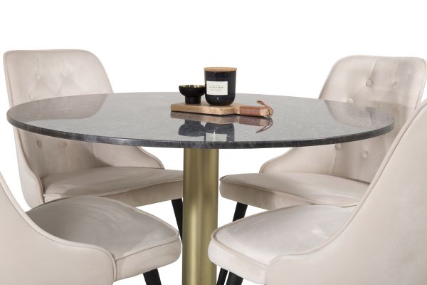 Imagine Masa de dining Estelle rotunda 106cm marmură gri / bronz - Scaun de dining Velvet Deluxe - picioare negre / velur bej 4