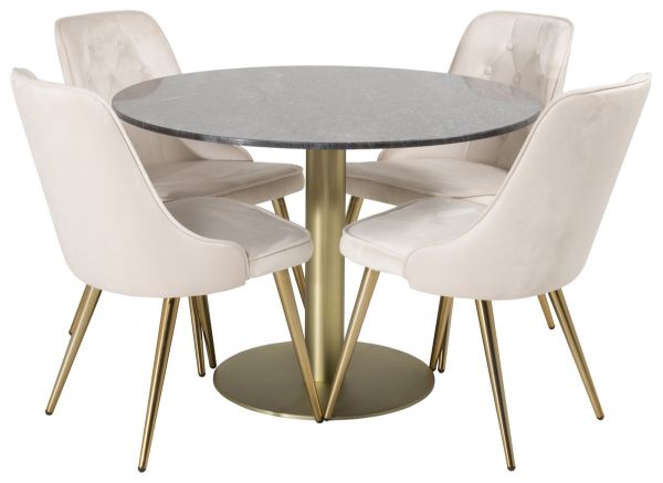 Imagine Masa de dining Estelle rotunda 106cm din marmură gri / alamă - scaun de dining Velvet Deluxe - picior periat din alamă / catifea bej 4