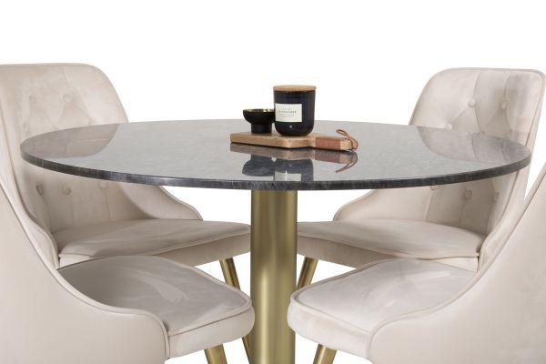 Imagine Masa de dining Estelle rotunda 106cm din marmură gri / alamă - scaun de dining Velvet Deluxe - picior periat din alamă / catifea bej 4