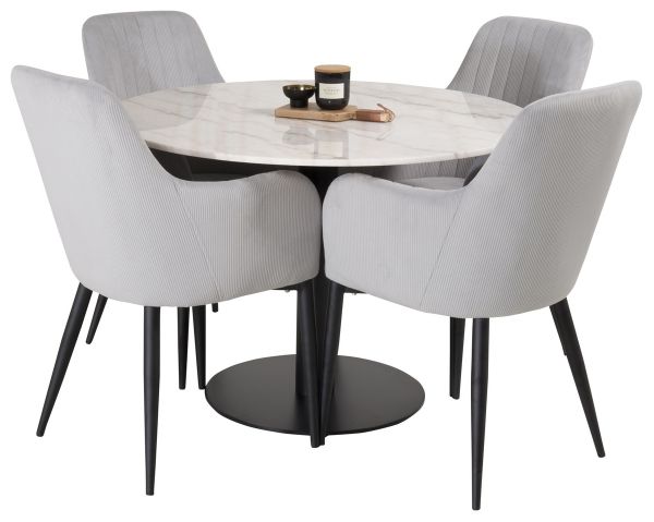 Imagine Vă rugăm să traduceți complet Estelle Dining Table rotund 106cm marmură albă / picioare negre + Scaun de dining Comfort - Picioare negre / Catifea gri deschis _4