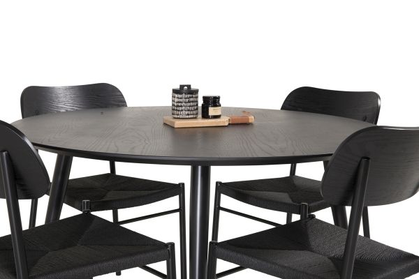 Imagine Masa de dining Dipp - 115cm - Furnir negru / picioare negre cu elemente de alama dipp + Scaun de dining Polly - Negru / Negru _4