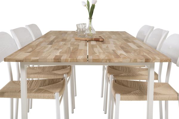 Imagine Masa de dining Cirebon 200*90cm - Teak / Alb + Scaun de dining Polly - Alb / Natural _6