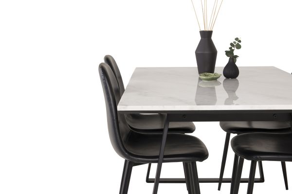 Imagine Masa de dining Estelle 140*90 - marmura albă / picioare negre - 4 scaune de dining Polar negru PU