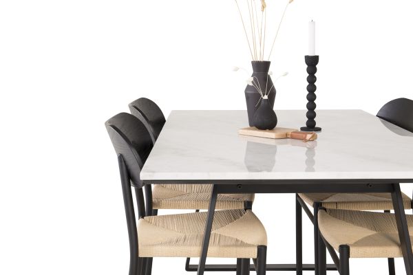 Imagine Tabel de dining Estelle 140*90 - marmură albă / picioare negre + Scaun de dining Polly - Negru / Natural _4