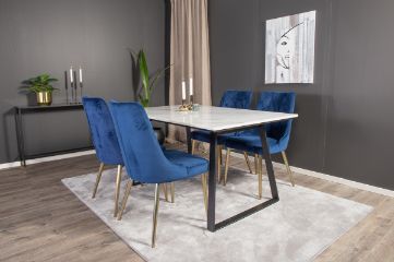 Imagine Vă rugăm să traduceți complet Estelle Dining Table 140*90 - White Marble / Black Legs - Velvet Deluxe Chair - Blue/Matt Brass Leg 4