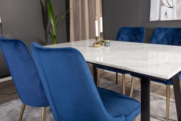 Imagine Vă rugăm să traduceți complet Estelle Dining Table 140*90 - White Marble / Black Legs - Velvet Deluxe Chair - Blue/Matt Brass Leg 4