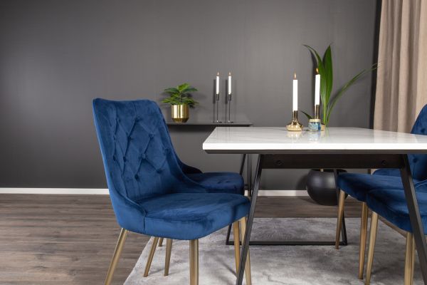 Imagine Vă rugăm să traduceți complet Estelle Dining Table 140*90 - White Marble / Black Legs - Velvet Deluxe Chair - Blue/Matt Brass Leg 4