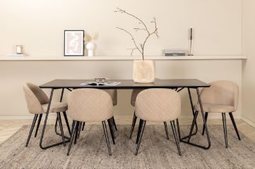 Imagine Petra Dining Table - Black / Black Veneer+Velvet Stitches Chair - Black / Beige Fabric (Polyester linen )_6