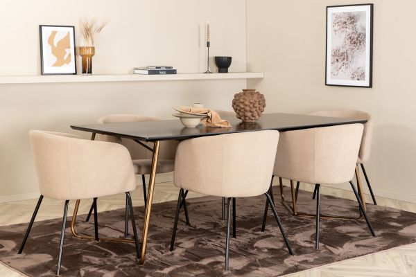 Imagine Petra Dining Table , Distressed Copper Black Veneer+Berit Chair , Black Beige Fabric (Polyester linen )_6