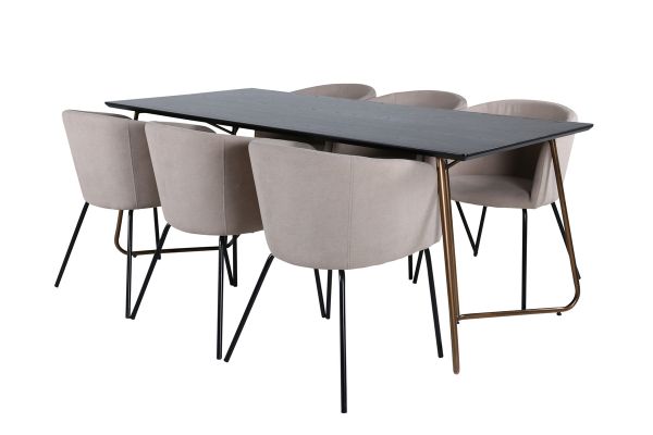 Imagine Petra Dining Table , Distressed Copper Black Veneer+Berit Chair , Black Beige Fabric (Polyester linen )_6