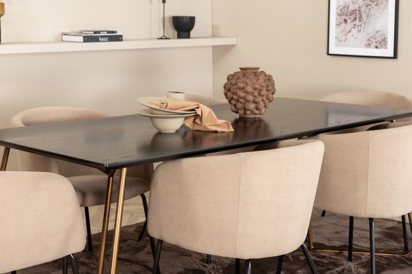 Imagine Petra Dining Table , Distressed Copper Black Veneer+Berit Chair , Black Beige Fabric (Polyester linen )_6