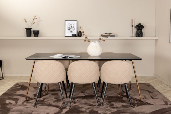 Imagine Petra Dining Table , Distressed Copper Black Veneer+Velvet Stitches Chair , Black Beige Fabric (Polyester linen )_6