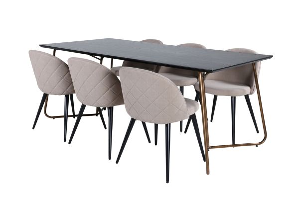 Imagine Petra Dining Table , Distressed Copper Black Veneer+Velvet Stitches Chair , Black Beige Fabric (Polyester linen )_6