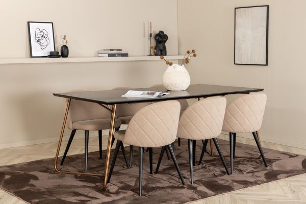 Imagine Petra Dining Table , Distressed Copper Black Veneer+Velvet Stitches Chair , Black Beige Fabric (Polyester linen )_6