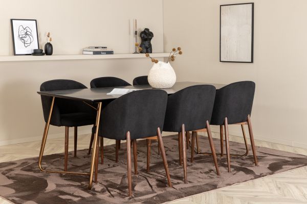 Imagine Petra Dining Table , Distressed Copper Black Veneer+Arch Dining Chair , Walnut Legs , Black Fabric_6