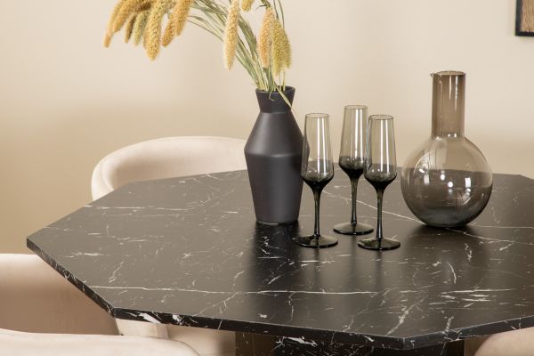 Imagine Marbs Round Dining Table - Black / Black Glass Marble+Berit Chair - Black / Beige Velvet_4