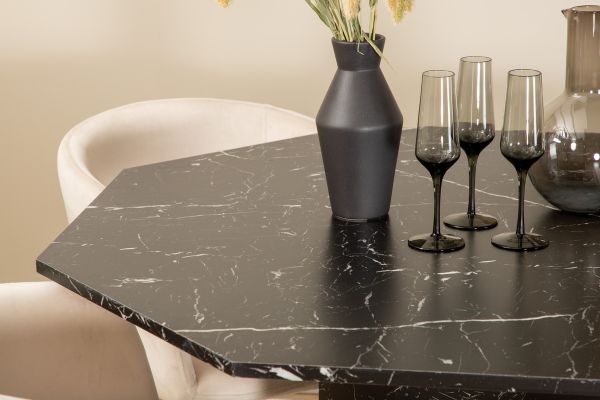 Imagine Marbs Round Dining Table - Black / Black Glass Marble+Berit Chair - Black / Beige Velvet_4