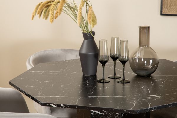 Imagine Marbs Round Dining Table - Black / Black Glass Marble+Berit Chair - Black / Light Grey Velvet_4