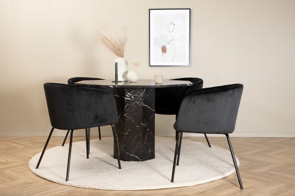 Imagine Marbs Round Dining Table - Black / Black Glass Marble+Berit Chair - Black / Black Velvet_4