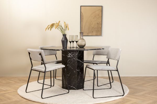 Imagine Marbs Round Dining Table - Black / Black Glass Marble+Kenth Chair - Black / Light Grey Velvet_4