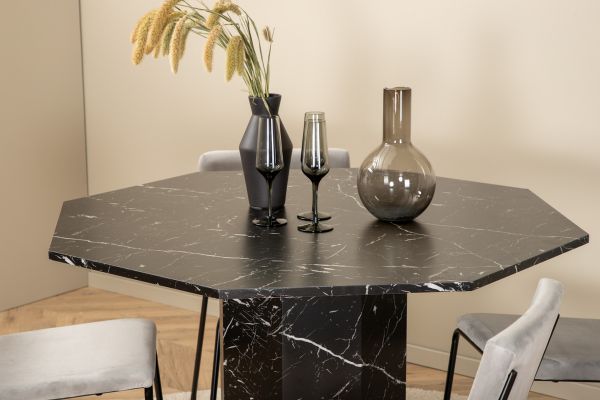 Imagine Marbs Round Dining Table - Black / Black Glass Marble+Kenth Chair - Black / Light Grey Velvet_4