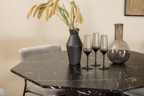 Imagine Marbs Round Dining Table - Black / Black Glass Marble+Kenth Chair - Black / Light Grey Velvet_4