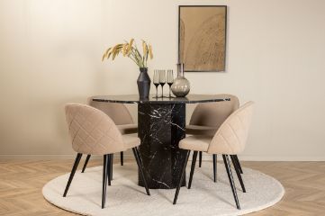 Imagine Marbs Round Dining Table - Black / Black Glass Marble+Velvet Stitches Chair - Black / Beige Fabric (Polyester linen )_4