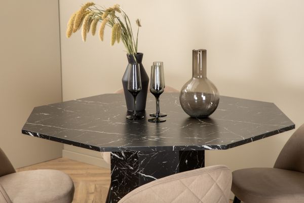 Imagine Marbs Round Dining Table - Black / Black Glass Marble+Velvet Stitches Chair - Black / Beige Fabric (Polyester linen )_4