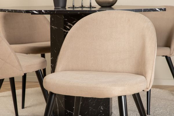 Imagine Marbs Round Dining Table - Black / Black Glass Marble+Velvet Stitches Chair - Black / Beige Fabric (Polyester linen )_4