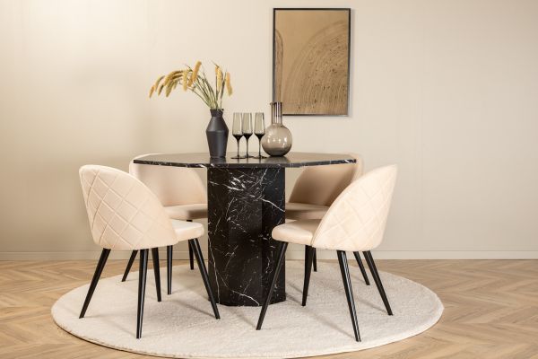 Imagine Marbs Round Dining Table - Black / Black Glass Marble+Velvet Stitches Chair - Black / Beige Velvet_4