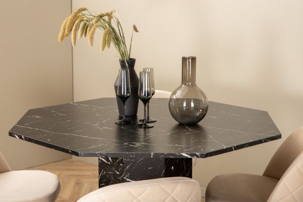 Imagine Marbs Round Dining Table - Black / Black Glass Marble+Velvet Stitches Chair - Black / Beige Velvet_4