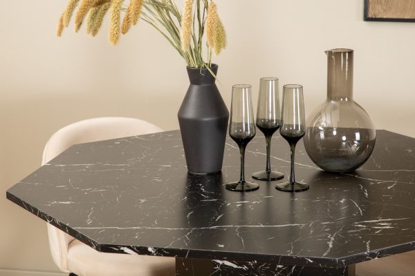 Imagine Marbs Round Dining Table - Black / Black Glass Marble+Velvet Stitches Chair - Black / Beige Velvet_4