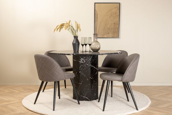 Imagine Marbs Round Dining Table - Black / Black Glass Marble+Velvet Stitches Chair - Black / Grey Micro Fibre_4