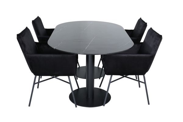 Imagine Pillan Oval Dining Table , Black Black Glass Marble+Petra Chair , Black Black Velvet_4