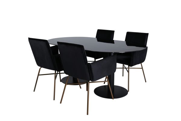 Imagine Pillan Oval Dining Table , Black Black Glass Marble+Petra Chair , Distressed Copper Black Velvet_4