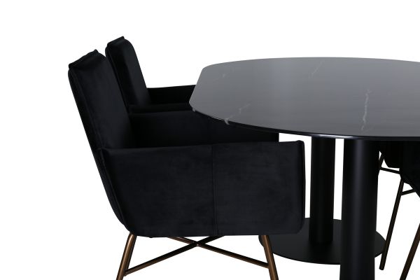 Imagine Pillan Oval Dining Table , Black Black Glass Marble+Petra Chair , Distressed Copper Black Velvet_4