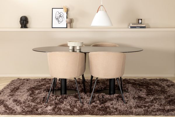 Imagine Pillan Oval Dining Table , Black Black Glass Marble+Berit Chair , Black Beige Fabric (Polyester linen )_4