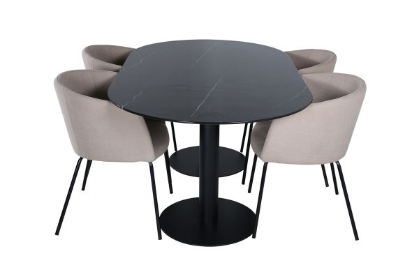 Imagine Pillan Oval Dining Table , Black Black Glass Marble+Berit Chair , Black Beige Fabric (Polyester linen )_4