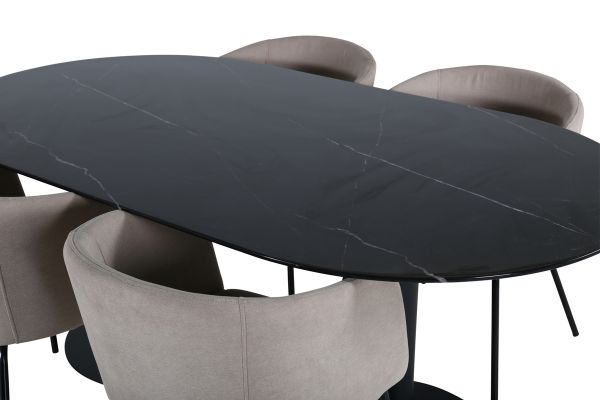 Imagine Pillan Oval Dining Table , Black Black Glass Marble+Berit Chair , Black Beige Fabric (Polyester linen )_4