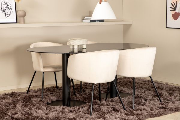 Imagine Pillan Oval Dining Table , Black Black Glass Marble+Berit Chair , Black Beige Velvet_4